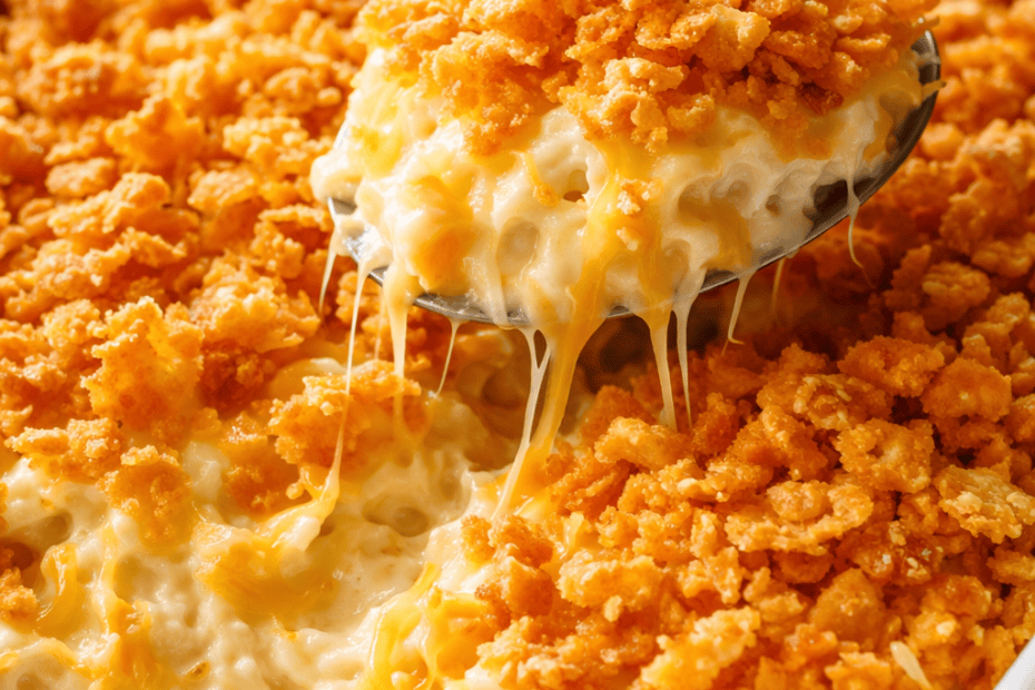 Golden brown cheesy hashbrown potato casserole in a white ceramic dish with melted cheddar and a crispy cornflake topping.