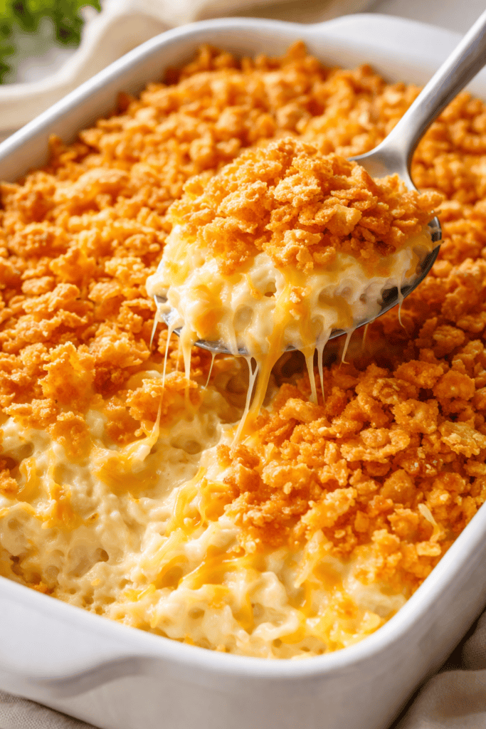 Golden brown cheesy hashbrown potato casserole in a white ceramic dish with melted cheddar and a crispy cornflake topping.