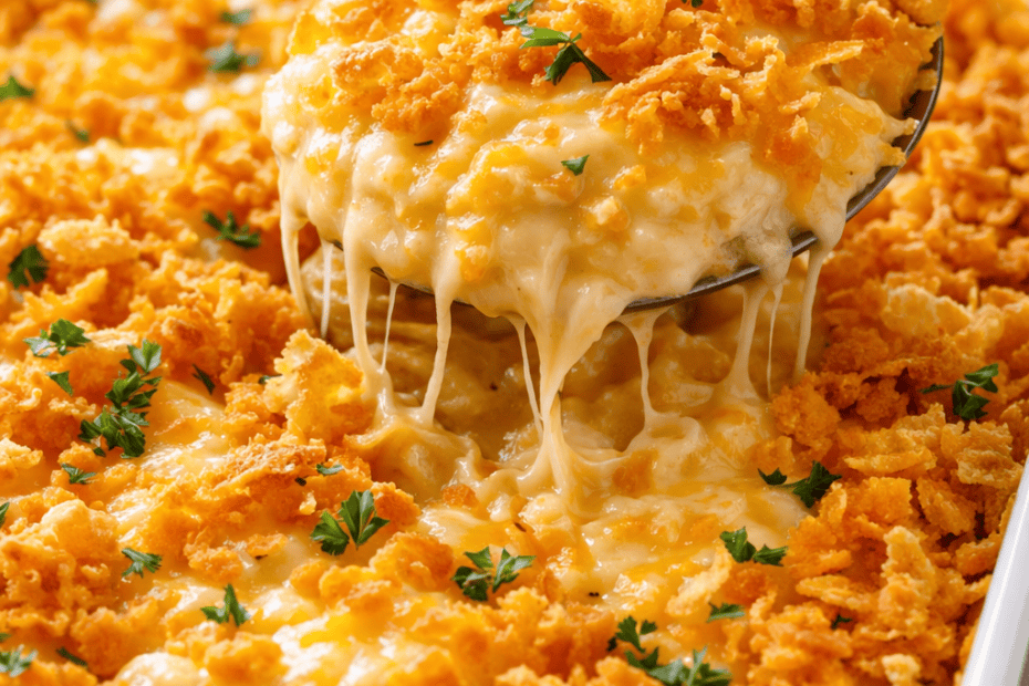Golden brown cheesy hashbrown potato casserole in a baking dish with bubbling melted cheese and a crispy cornflake crust topping.