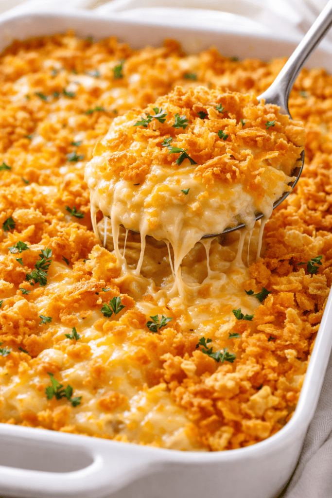 Golden brown cheesy hashbrown potato casserole in a baking dish with bubbling melted cheese and a crispy cornflake crust topping.