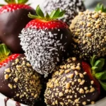 A close-up of chocolate-covered strawberries in a white bowl, decorated with shredded coconut and chopped nuts.