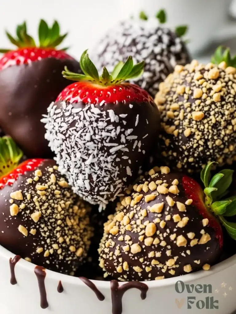 A close-up of chocolate-covered strawberries in a white bowl, decorated with shredded coconut and chopped nuts.