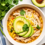 A white bowl of Instant Pot white chicken chili topped with sliced avocado, cheese, and cilantro.
