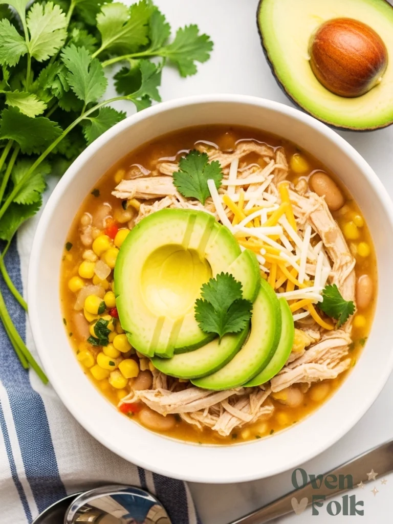 A white bowl of Instant Pot white chicken chili topped with sliced avocado, cheese, and cilantro.