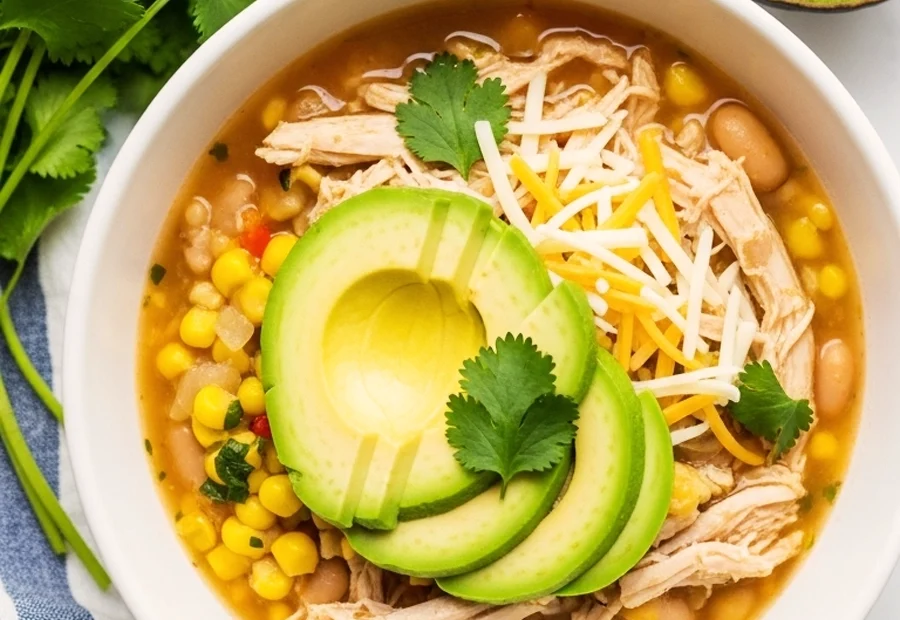 A white bowl of Instant Pot white chicken chili topped with sliced avocado, cheese, and cilantro.