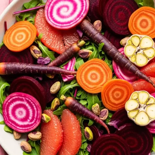 Close-up of a pink salad bowl with purple carrots, sliced beets, citrus, and greens.
