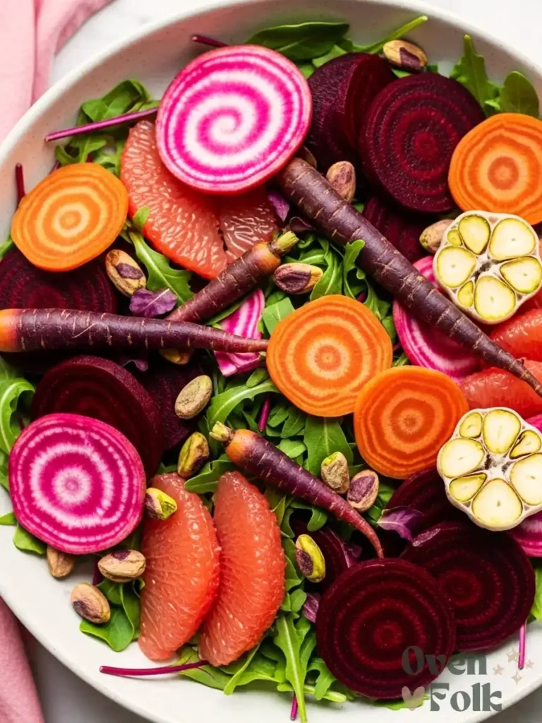 Close-up of a pink salad bowl with purple carrots, sliced beets, citrus, and greens.