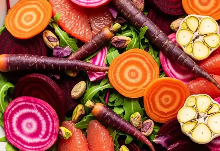 Close-up of a pink salad bowl with purple carrots, sliced beets, citrus, and greens.