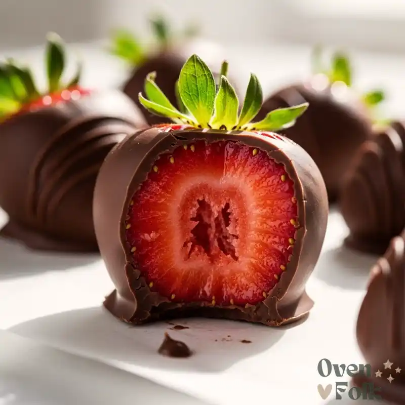 A chocolate-covered strawberry with a bite taken out, revealing the fresh, juicy red interior.