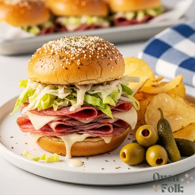 An Italian slider sandwich with salami and cheese on a white plate with chips, olives, and pickles.