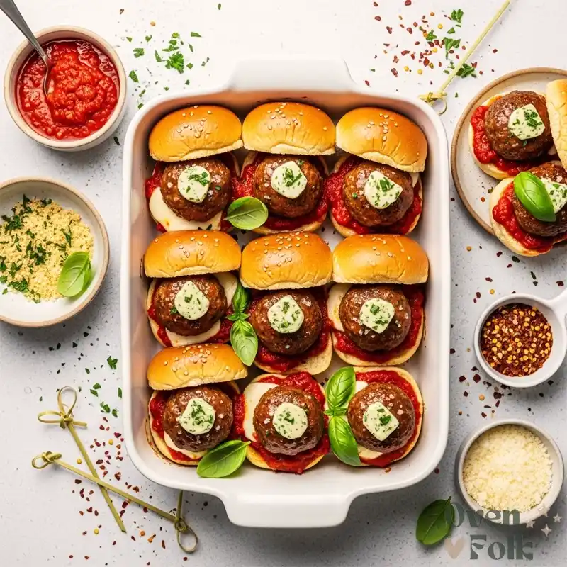 An overhead view of twelve meatball sliders in a white baking dish, topped with garlic herb butter and served with marinara sauce and parmesan cheese.