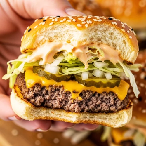 A hand holding a Big Mac slider made with King Hawaiian rolls with a bite taken out, showing layers of seasoned ground beef, melted cheddar cheese, shredded lettuce, pickles, and homemade secret sauce dripping down the side.