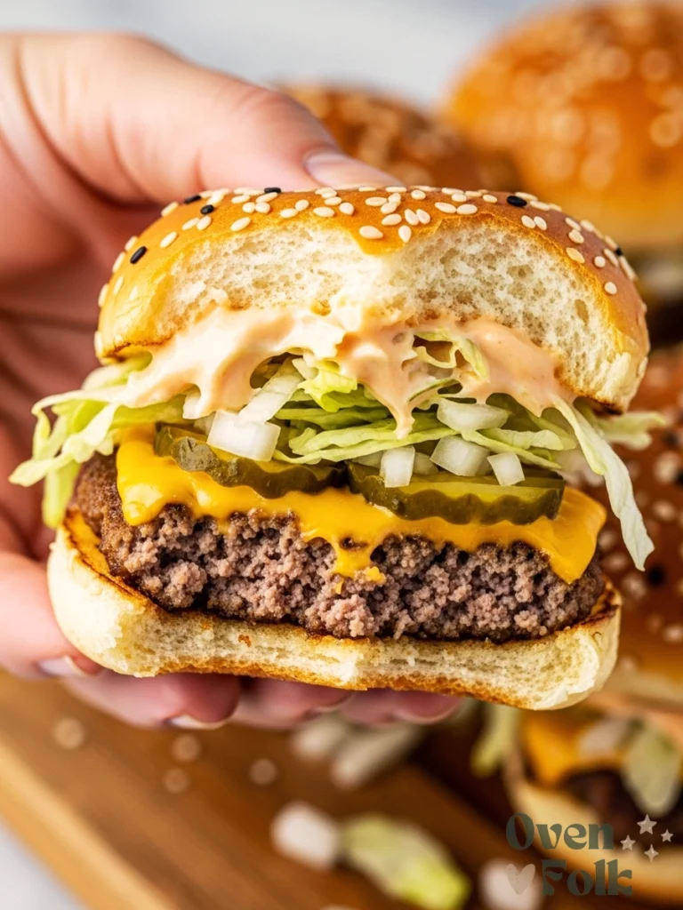 A hand holding a Big Mac slider made with King Hawaiian rolls with a bite taken out, showing layers of seasoned ground beef, melted cheddar cheese, shredded lettuce, pickles, and homemade secret sauce dripping down the side.