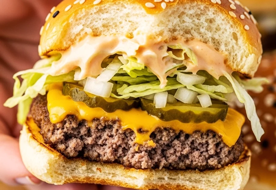 A hand holding a Big Mac slider made with King Hawaiian rolls with a bite taken out, showing layers of seasoned ground beef, melted cheddar cheese, shredded lettuce, pickles, and homemade secret sauce dripping down the side.
