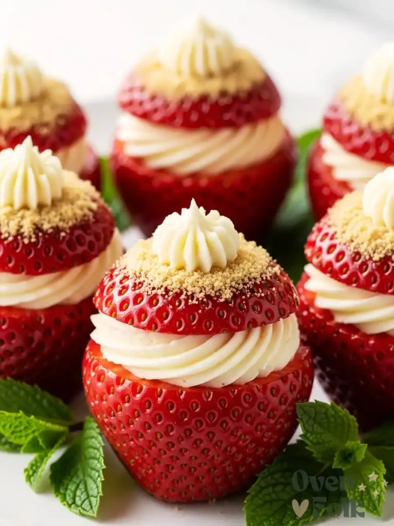 A close-up of fresh red strawberries stuffed with a piped swirl of white cheesecake filling and sprinkled with graham cracker crumbs.