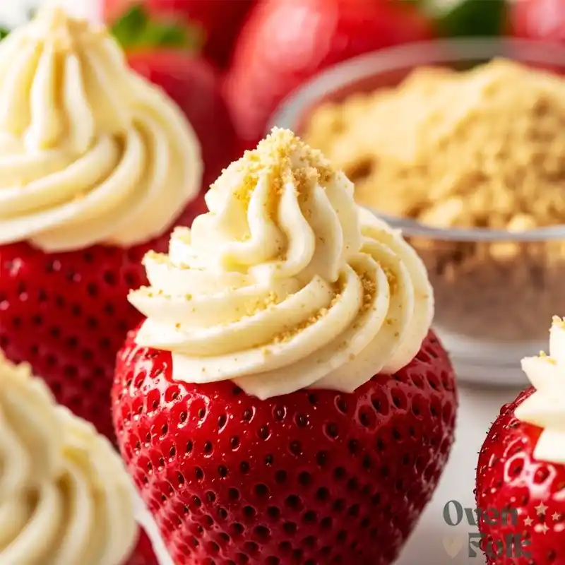 Close-up of fresh, ripe strawberries stuffed with a piped vanilla cheesecake filling and topped with graham cracker crumbs.
