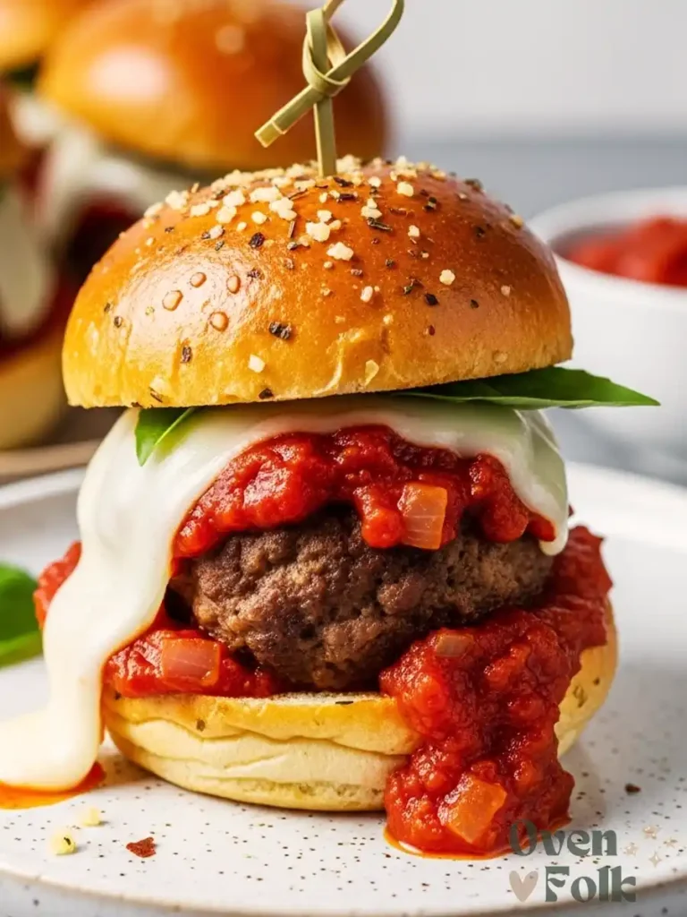 Close-up of a meatball slider with melted mozzarella, marinara sauce, and fresh basil on a garlic butter bun, secured with a bamboo skewer.