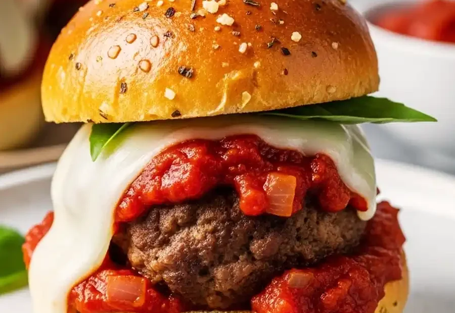 Close-up of a meatball slider with melted mozzarella, marinara sauce, and fresh basil on a garlic butter bun, secured with a bamboo skewer.