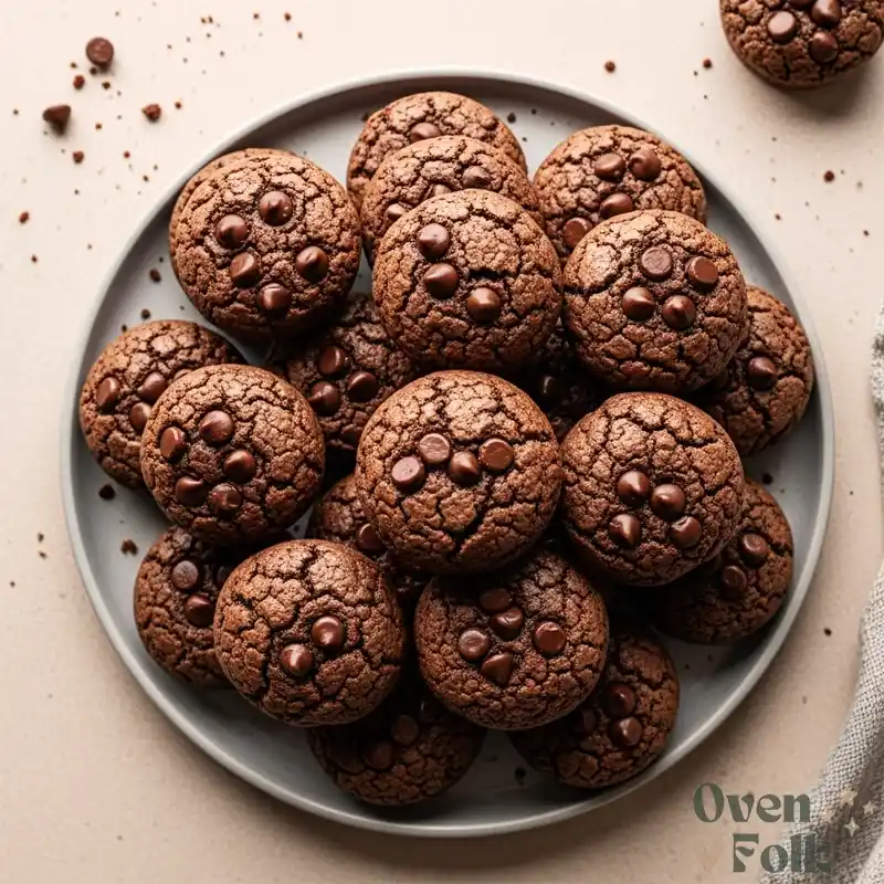 Overhead view of a plate piled high with homemade chewy fudge brownie bites.
