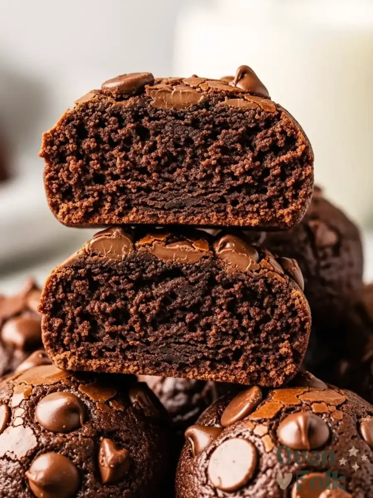 Close up stack of chewy fudge brownie bites with the top one broken open to show the moist, fudgy texture.