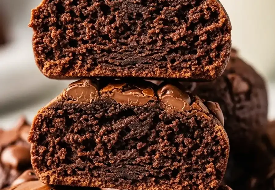 Close up stack of chewy fudge brownie bites with the top one broken open to show the moist, fudgy texture.