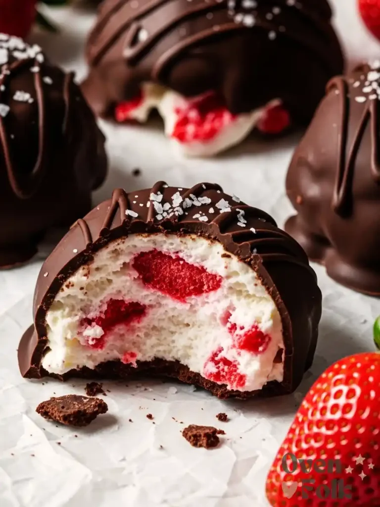 A close up photo of dark chocolate covered strawberry yogurt bites on parchment paper with salt flakes and fresh strawberries.