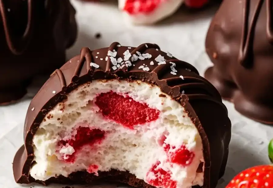 A close up photo of dark chocolate covered strawberry yogurt bites on parchment paper with salt flakes and fresh strawberries.