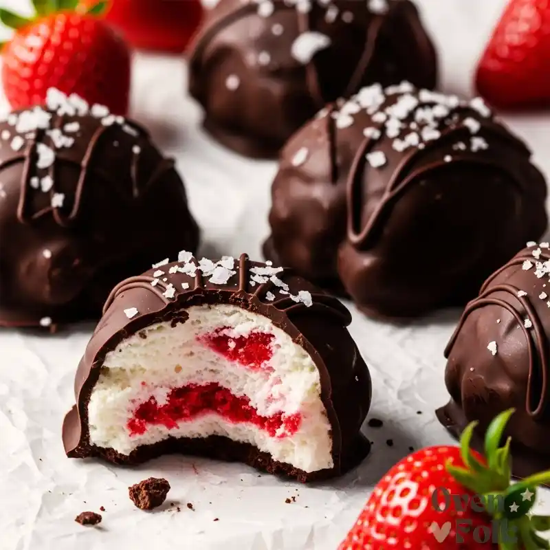 A close-up shot of several dark chocolate-covered frozen yogurt clusters with strawberries on white parchment paper, showing one cluster broken in half with a creamy pink and white center.
