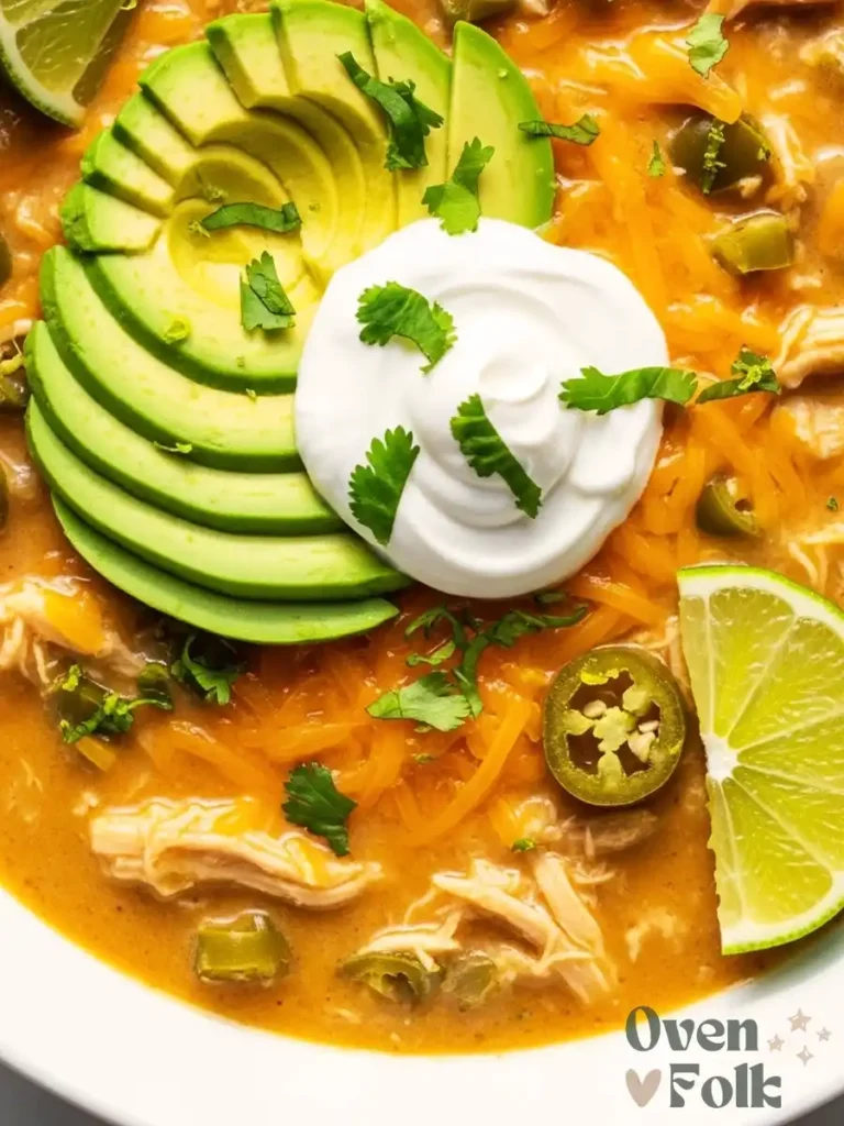 A bowl of creamy keto white chicken chili with avocado and lime.