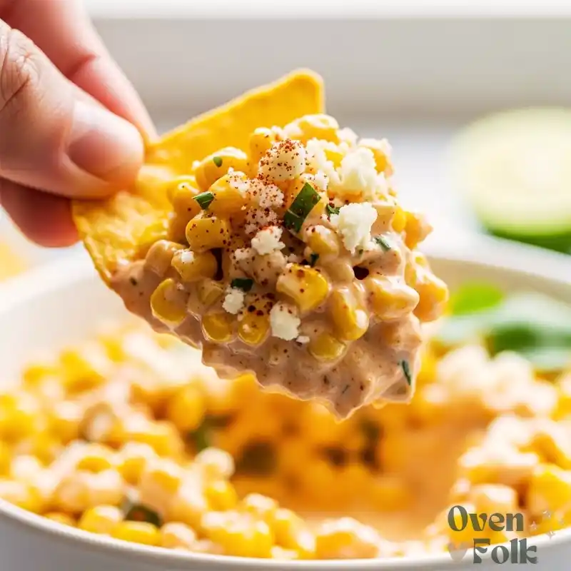 Close-up of a hand scooping creamy Mexican street corn dip with a tortilla chip.

