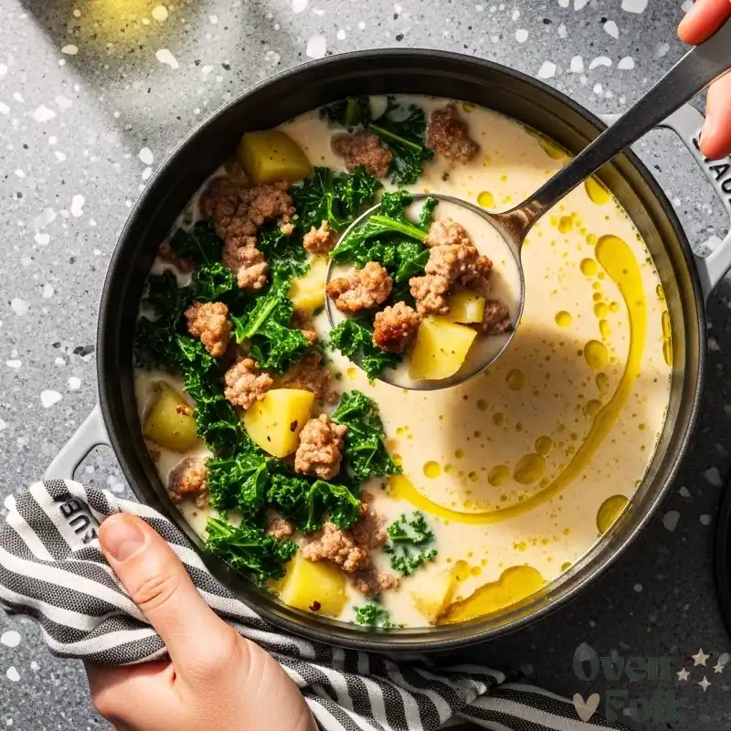 Ladling creamy sausage and kale soup from a large dutch oven.