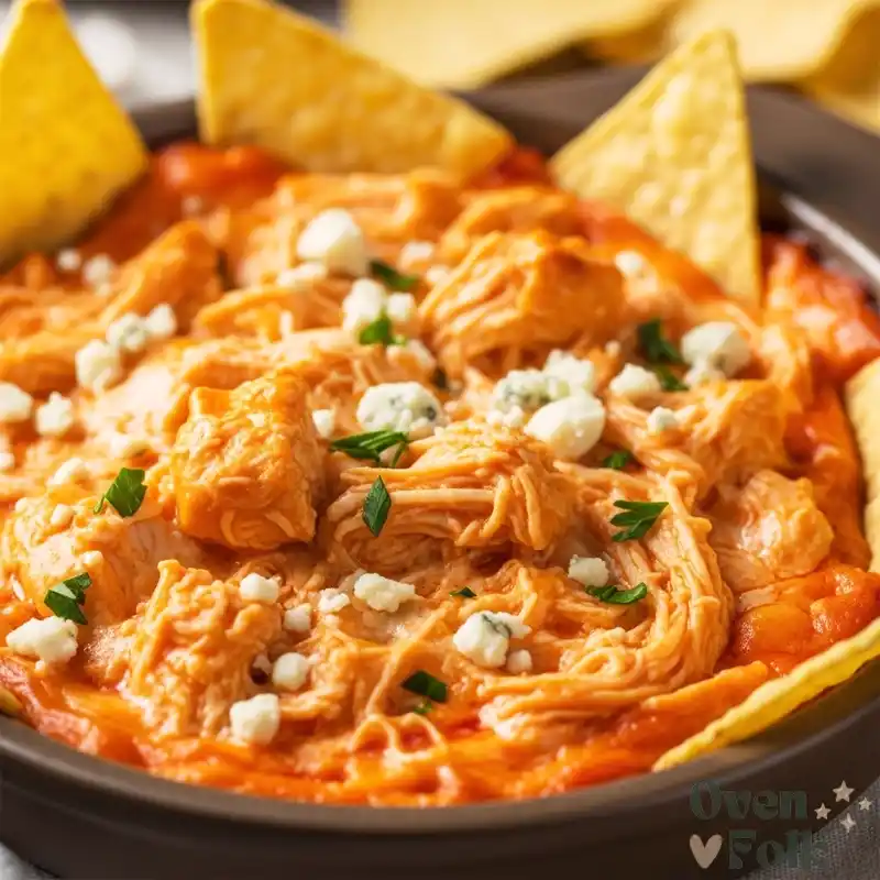 A close-up shot of creamy buffalo chicken dip topped with melted cheese, blue cheese crumbles, and fresh green onions.