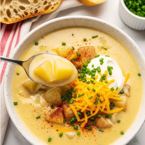 A close-up shot of a bowl of creamy potato soup garnished with shredded cheddar cheese, sour cream, and chives, with a spoon lifting a portion.