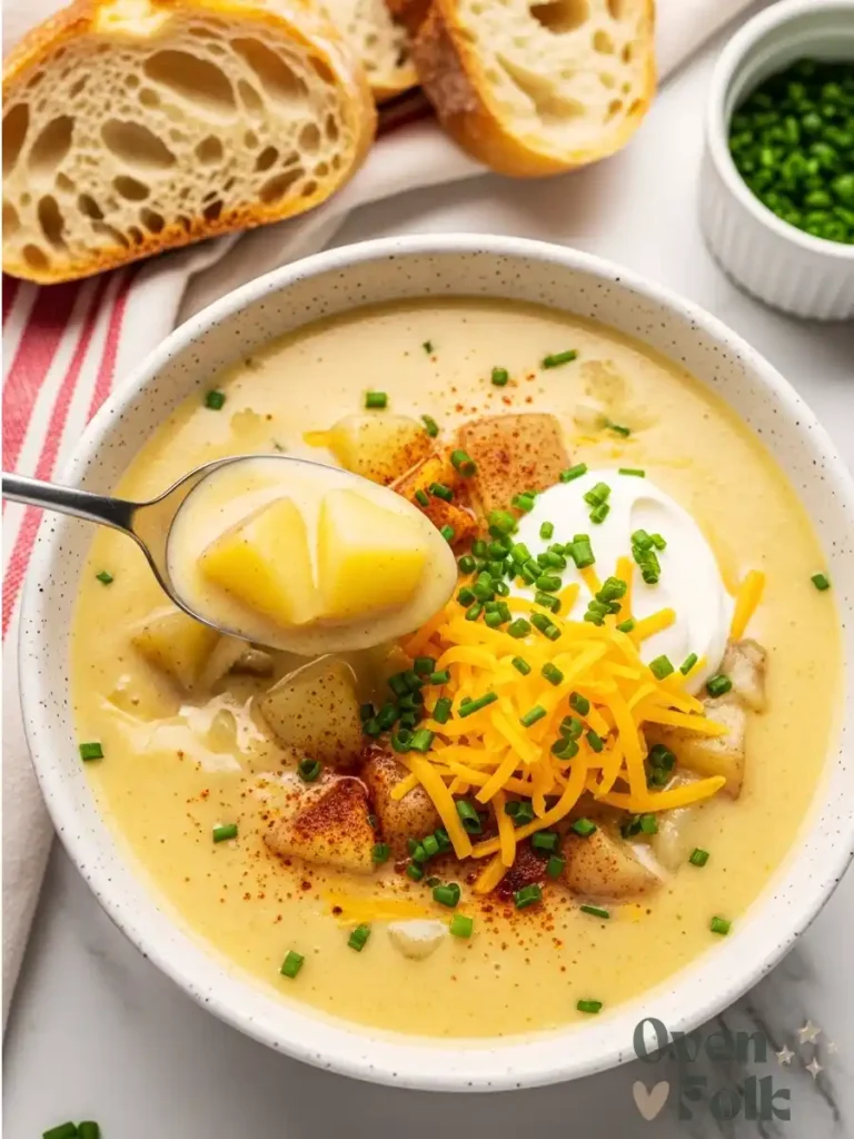 A close-up shot of a bowl of creamy potato soup garnished with shredded cheddar cheese, sour cream, and chives, with a spoon lifting a portion.