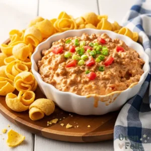 A white bowl filled with creamy sausage and tomato dip topped with sliced green onions, served with golden corn chips on a wooden board.
