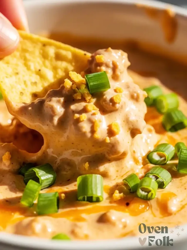 A hand dipping a yellow corn chip into a white bowl of creamy sausage and tomato dip topped with green onions.