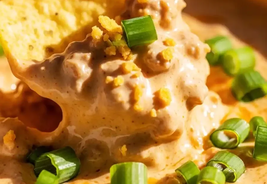 A hand dipping a yellow corn chip into a white bowl of creamy sausage and tomato dip topped with green onions.