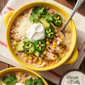 Two yellow bowls filled with creamy white chicken chili topped with sour cream, shredded cheese, and avocado on a rustic table.