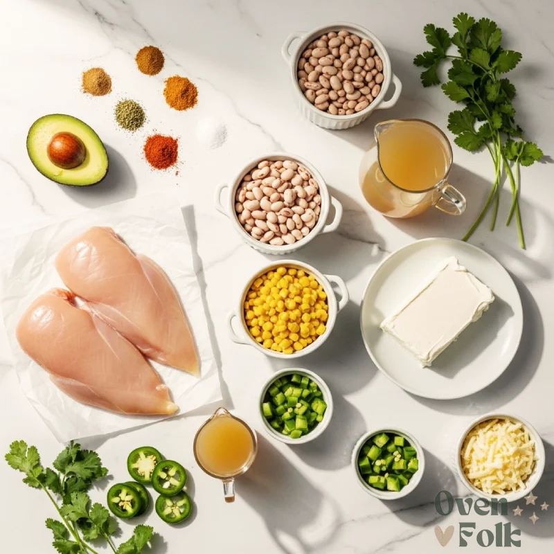 An overhead knolling spread of raw white chicken chili ingredients including beans, corn, chicken, spices, and cream cheese on a white marble surface.