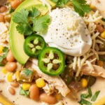A close-up shot of creamy white chicken chili in a yellow bowl topped with sour cream, cheese, avocado, and cilantro.