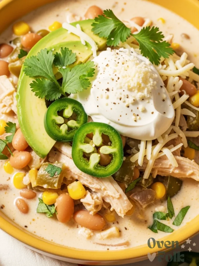A close-up shot of creamy white chicken chili in a yellow bowl topped with sour cream, cheese, avocado, and cilantro.