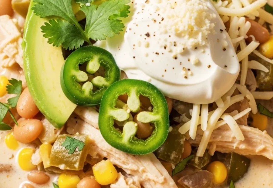 A close-up shot of creamy white chicken chili in a yellow bowl topped with sour cream, cheese, avocado, and cilantro.