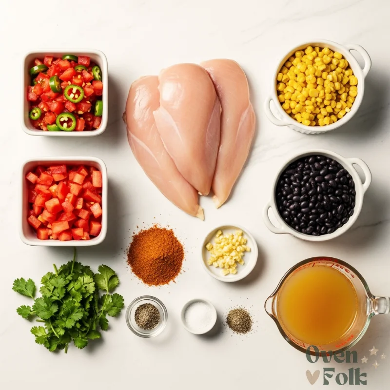 An organized mise en place of raw chicken, black beans, corn, tomatoes, and spices on a white marble background.
