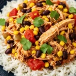 A close-up shot of shredded Santa Fe chicken with black beans, corn, and tomatoes served over a bed of white rice in a blue ceramic bowl.