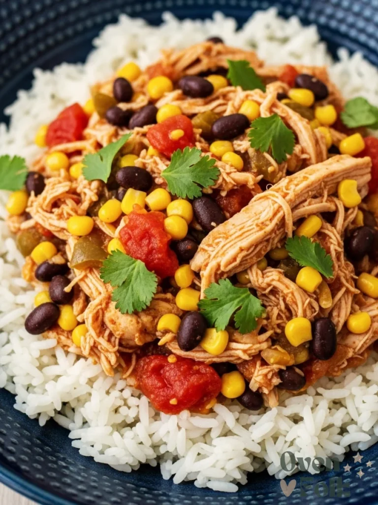 A close-up shot of shredded Santa Fe chicken with black beans, corn, and tomatoes served over a bed of white rice in a blue ceramic bowl.