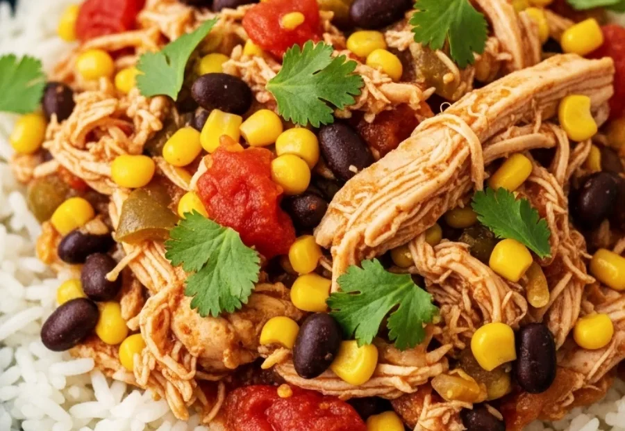A close-up shot of shredded Santa Fe chicken with black beans, corn, and tomatoes served over a bed of white rice in a blue ceramic bowl.