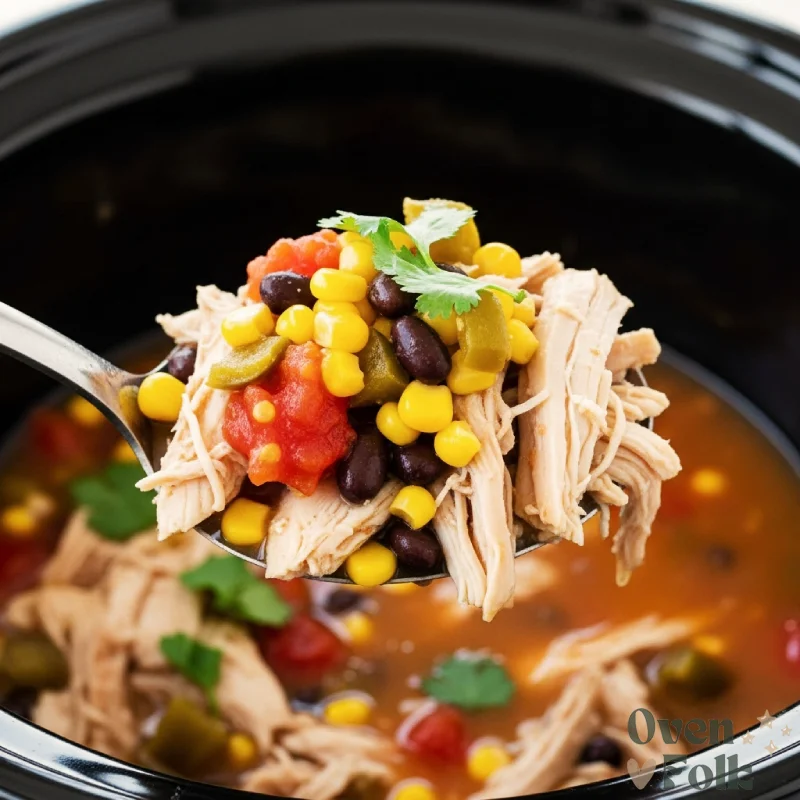 A close-up view of a spoon scooping shredded chicken, black beans, corn, and tomatoes from a slow cooker.

