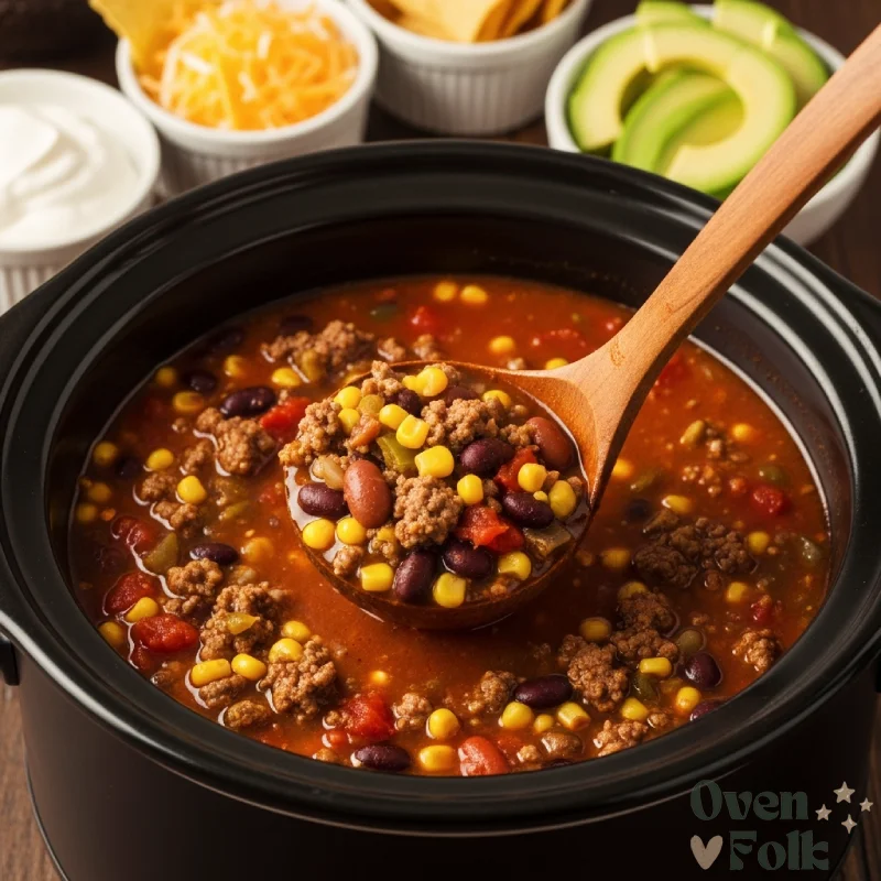 A high-angle close-up of a hearty crockpot taco soup with a wooden ladle lifting a spoonful of beef, beans, and corn from a black slow cooker pot.