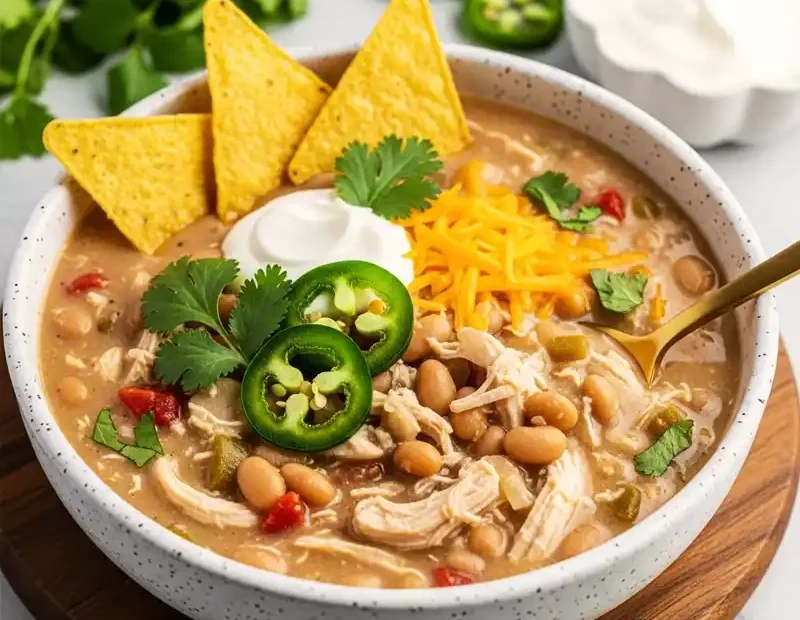 A close-up of creamy white chicken chili in a speckled white bowl, topped with jalapeños, sour cream, and cilantro, served with tortilla chips on a wooden board.
