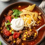 A top-down view of a bowl of taco soup loaded with ground beef, beans, and corn, topped with a dollop of sour cream, shredded cheese, and tortilla chips on a grey countertop.